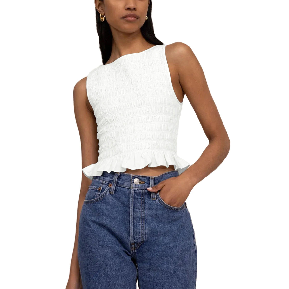 Women's Smocked Ruffle Crop Top — Sleeveless
