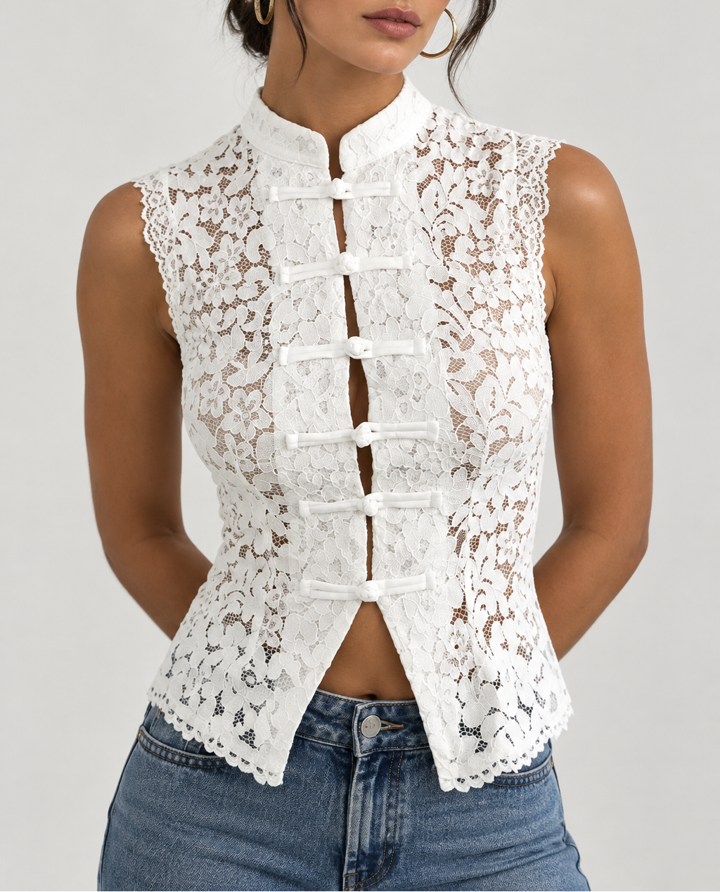 Women's Lace Embroidered Sleeveless Blouse — Stand Collar