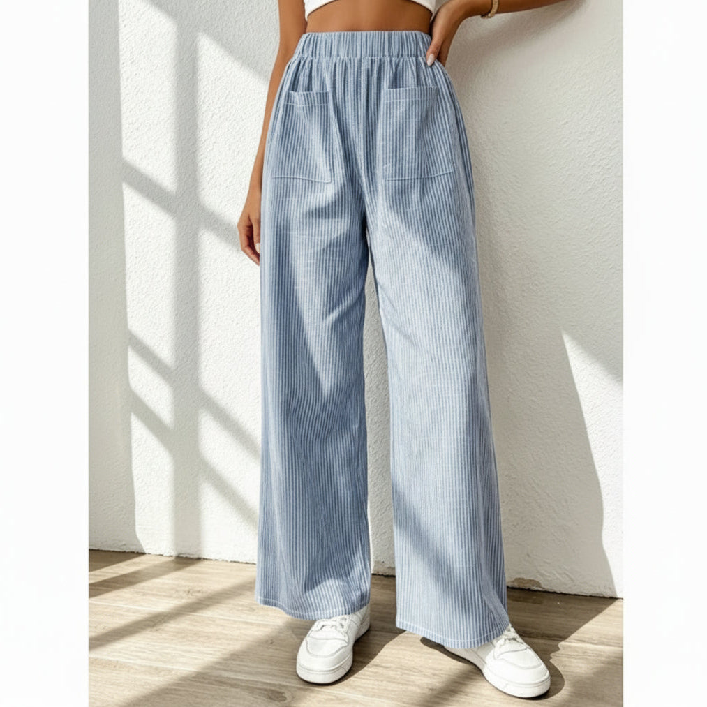 Women's Striped Wide Leg Pants — Elastic Waist