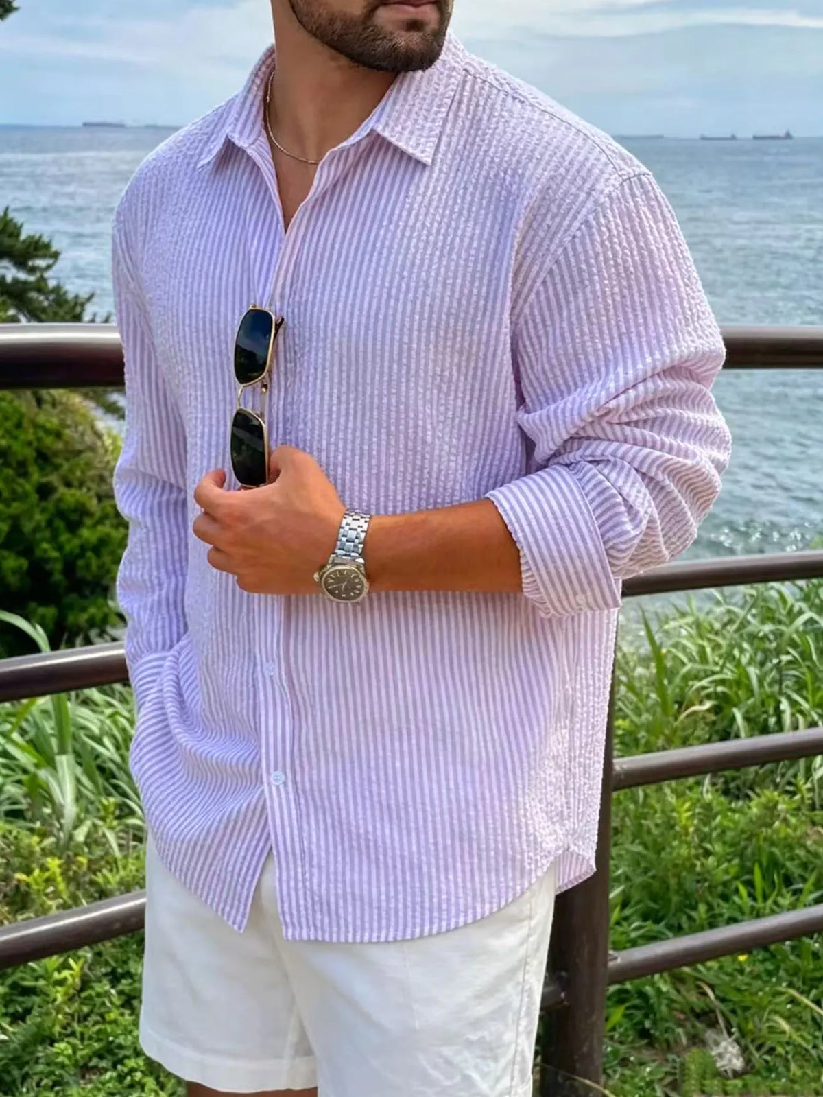 Men's Striped Long Sleeve Shirt — Loose Fit
