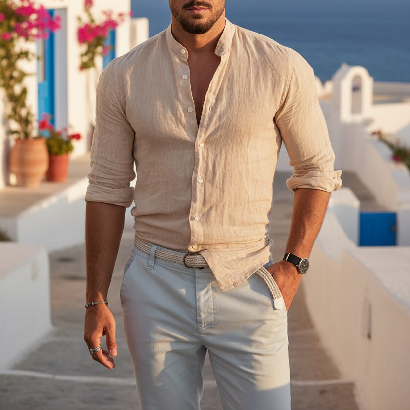 Men's Cotton Linen Shirt — Mandarin Collar