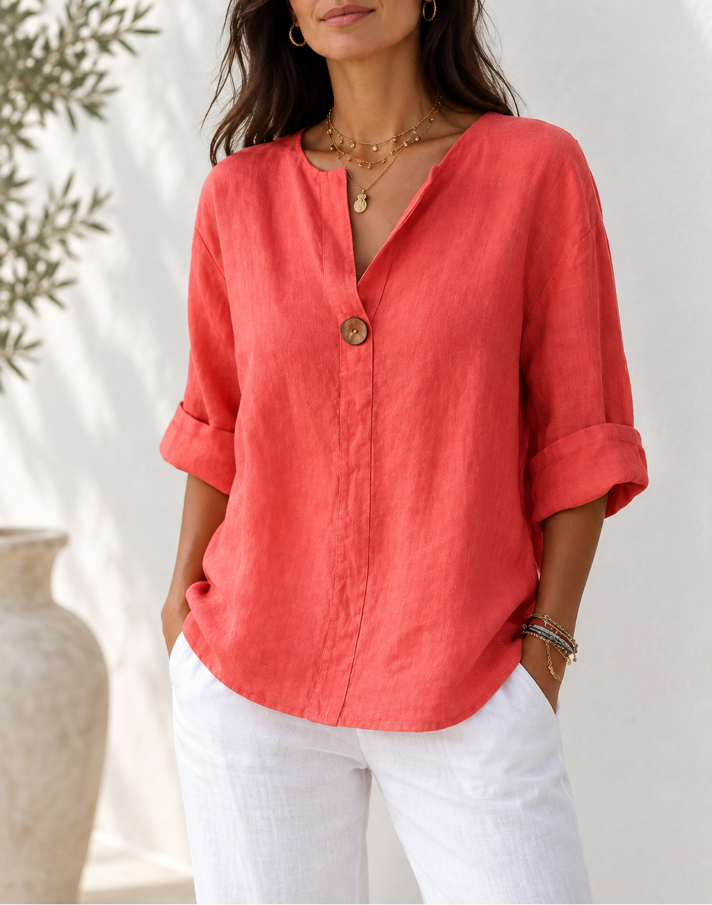 Women's Linen V-Neck Button Blouse — 3/4 Sleeve