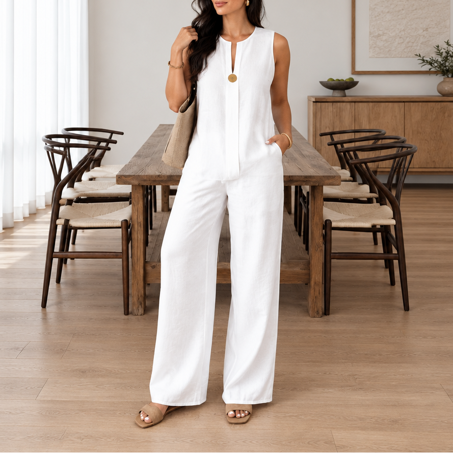 Women's Linen Button Vest & Wide Leg Pant Set