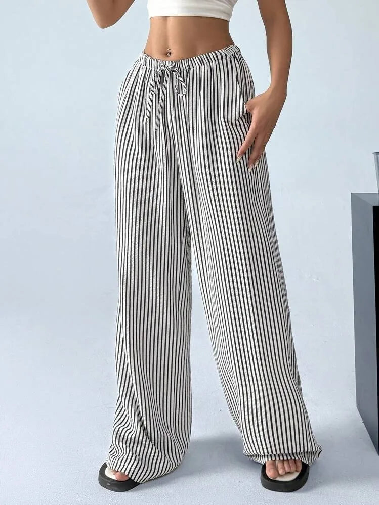 Women's Striped Drawstring Pants — Wide Leg