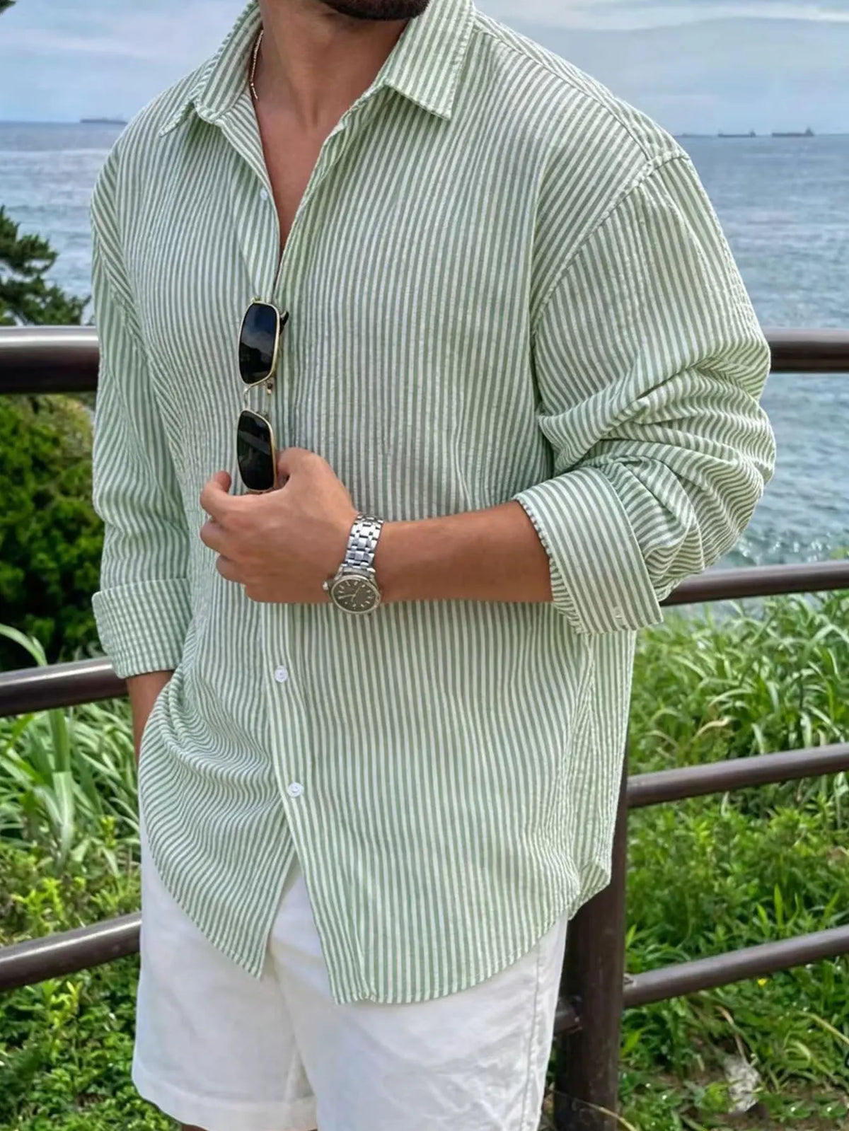 Men's Striped Long Sleeve Shirt — Loose Fit