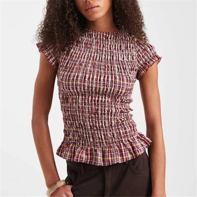 Women's Gingham Smocked Peplum Top — Short Sleeve