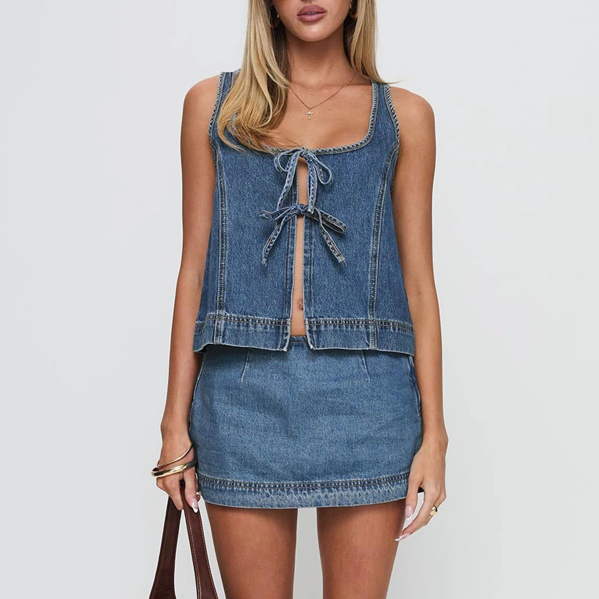 Women's Denim Tie Front Vest & Mini Skirt Set