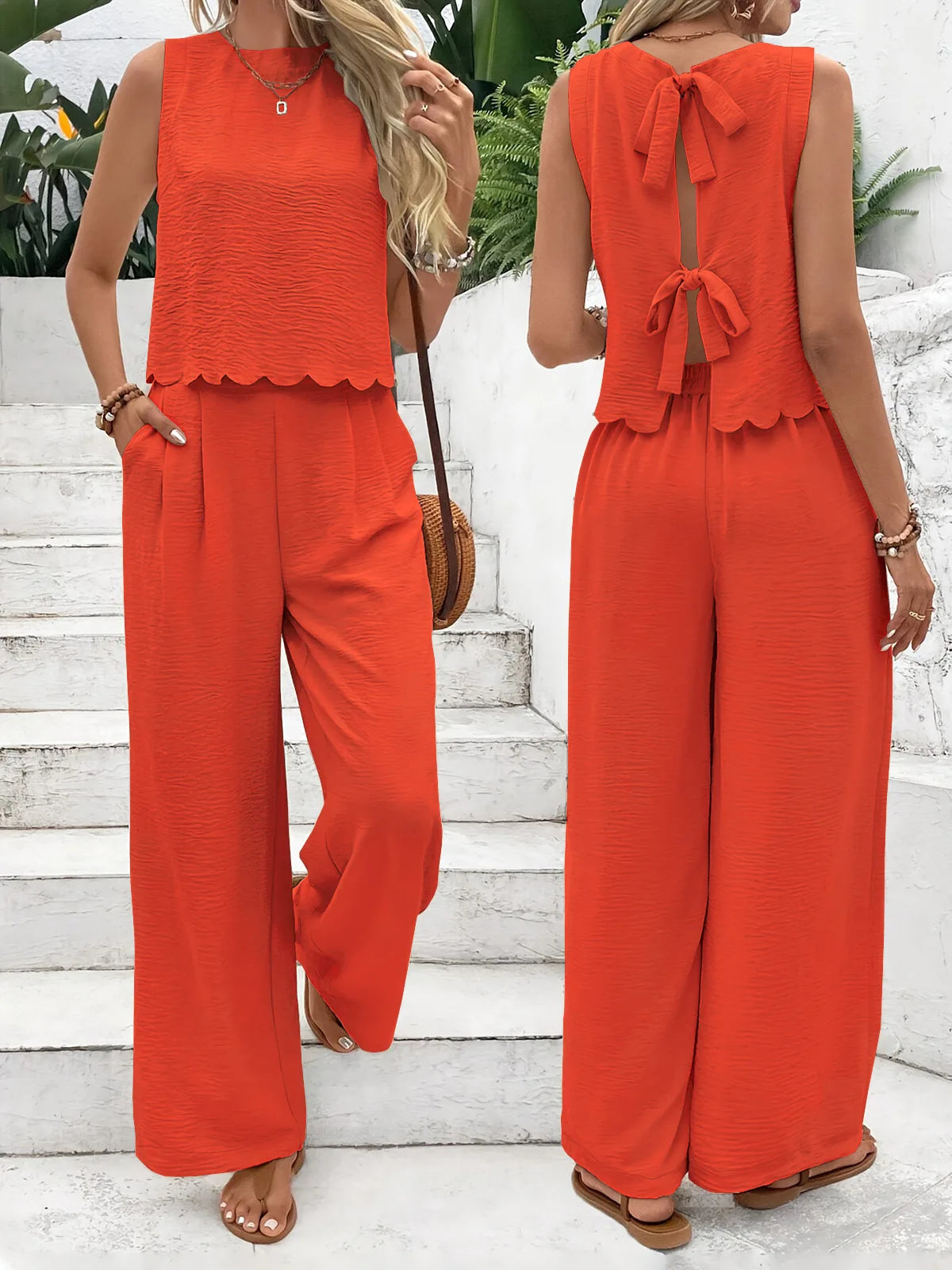 Women's Lace-Up Tank & Wide Leg Pant Set — Two-Piece