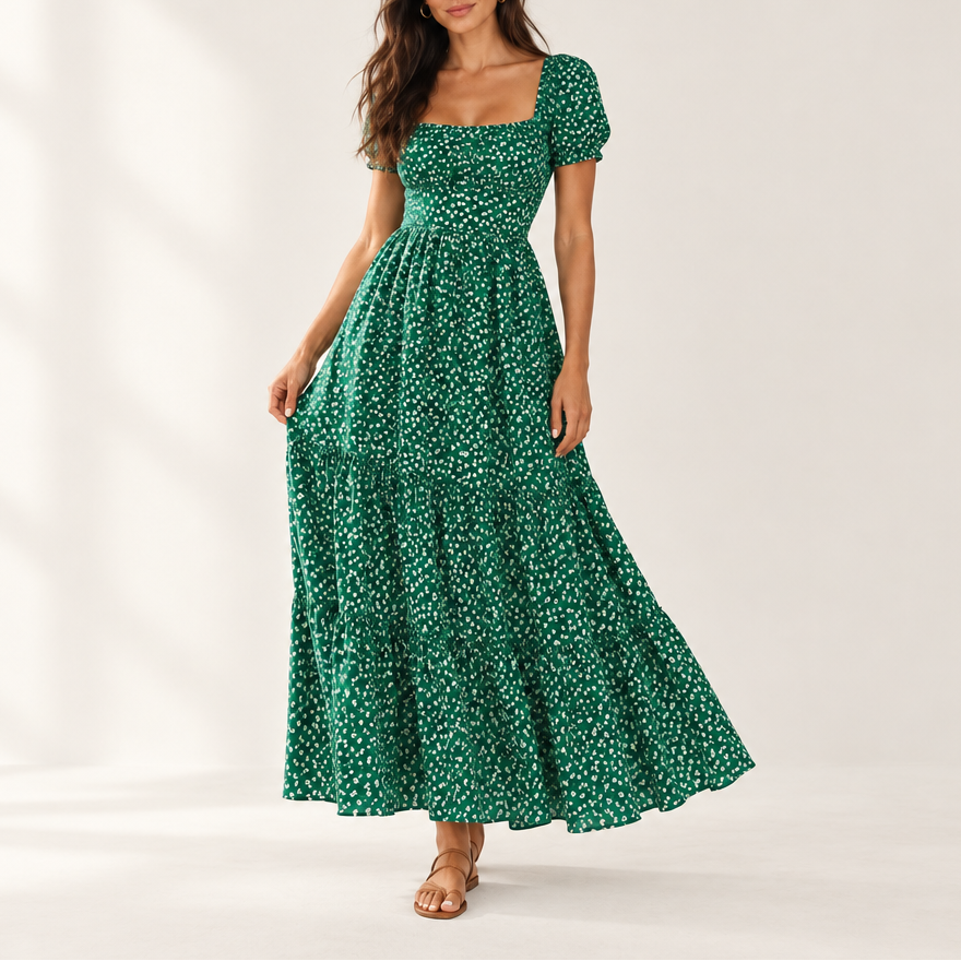 Women's Floral Puff Sleeve Maxi Dress — Square Neck