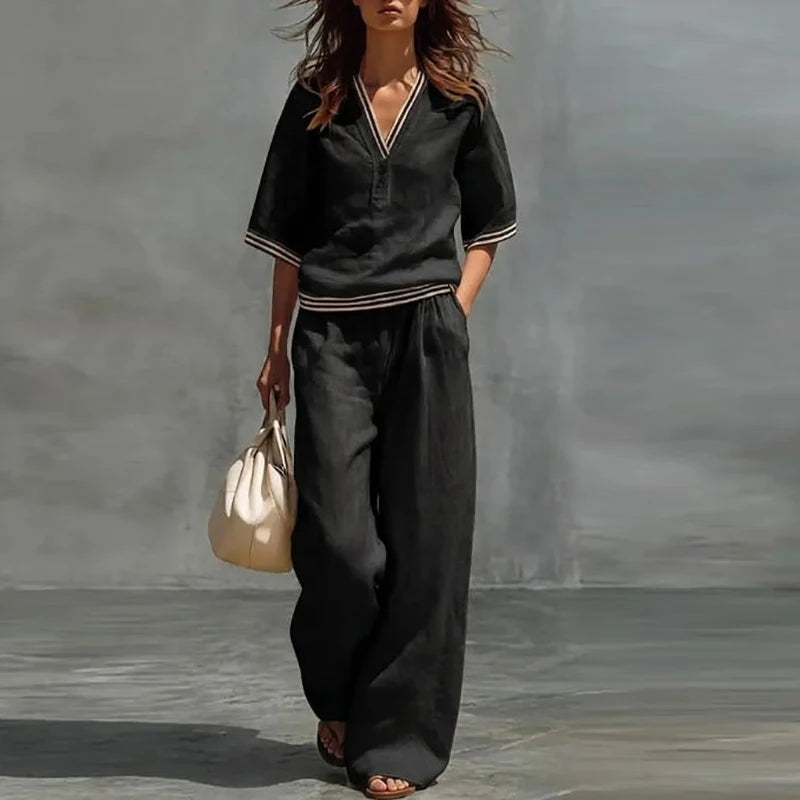 Women's Striped Button Shirt & Wide Leg Set