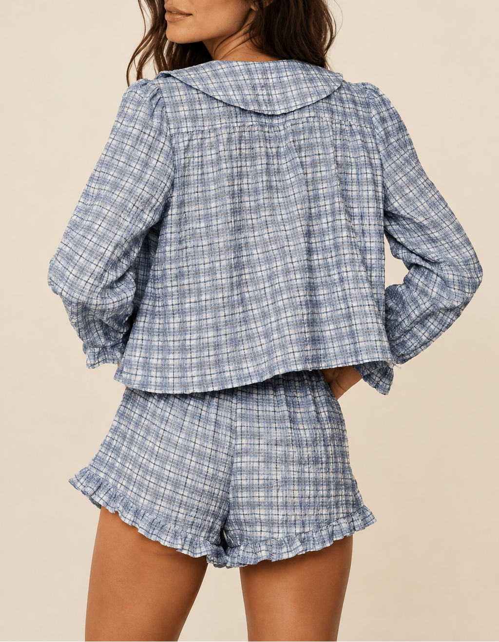 Women's Gingham Blouse & Ruffle Shorts Set — Collared