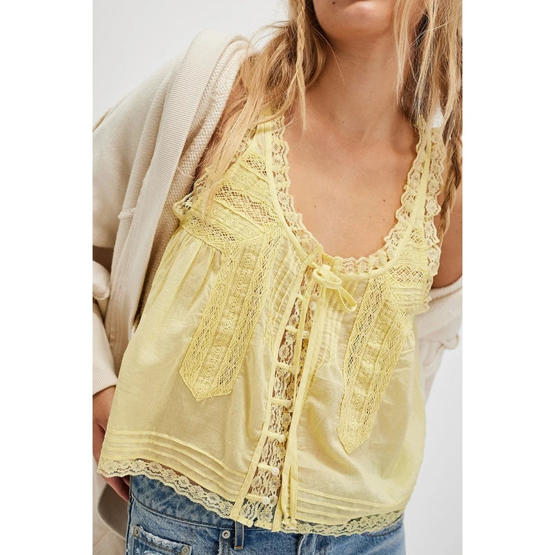 Women's Lace Trim Crop Tank Top — Tie Front