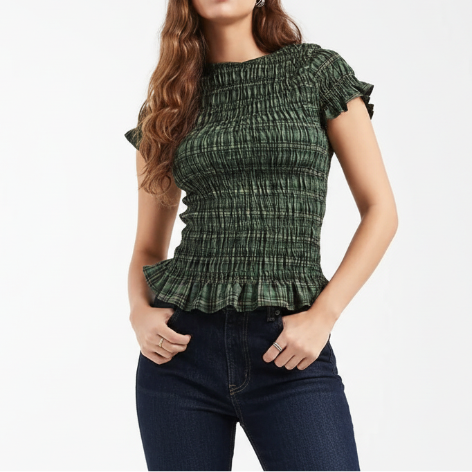 Women's Gingham Smocked Peplum Top — Short Sleeve