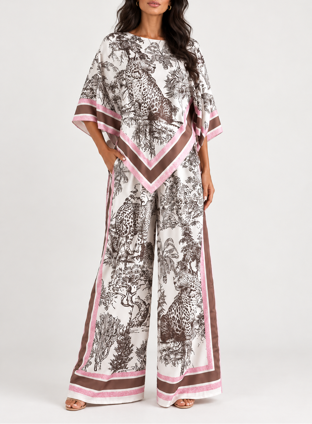 Women's Printed Shirt & Wide Leg Pant Set — 3/4 Sleeve