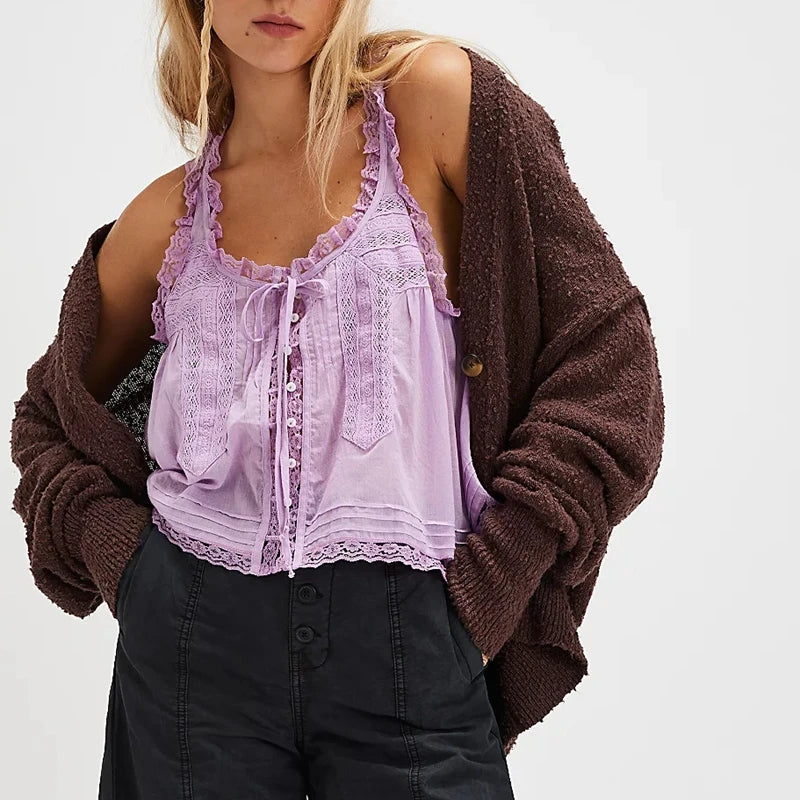 Women's Lace Trim Crop Tank Top — Tie Front