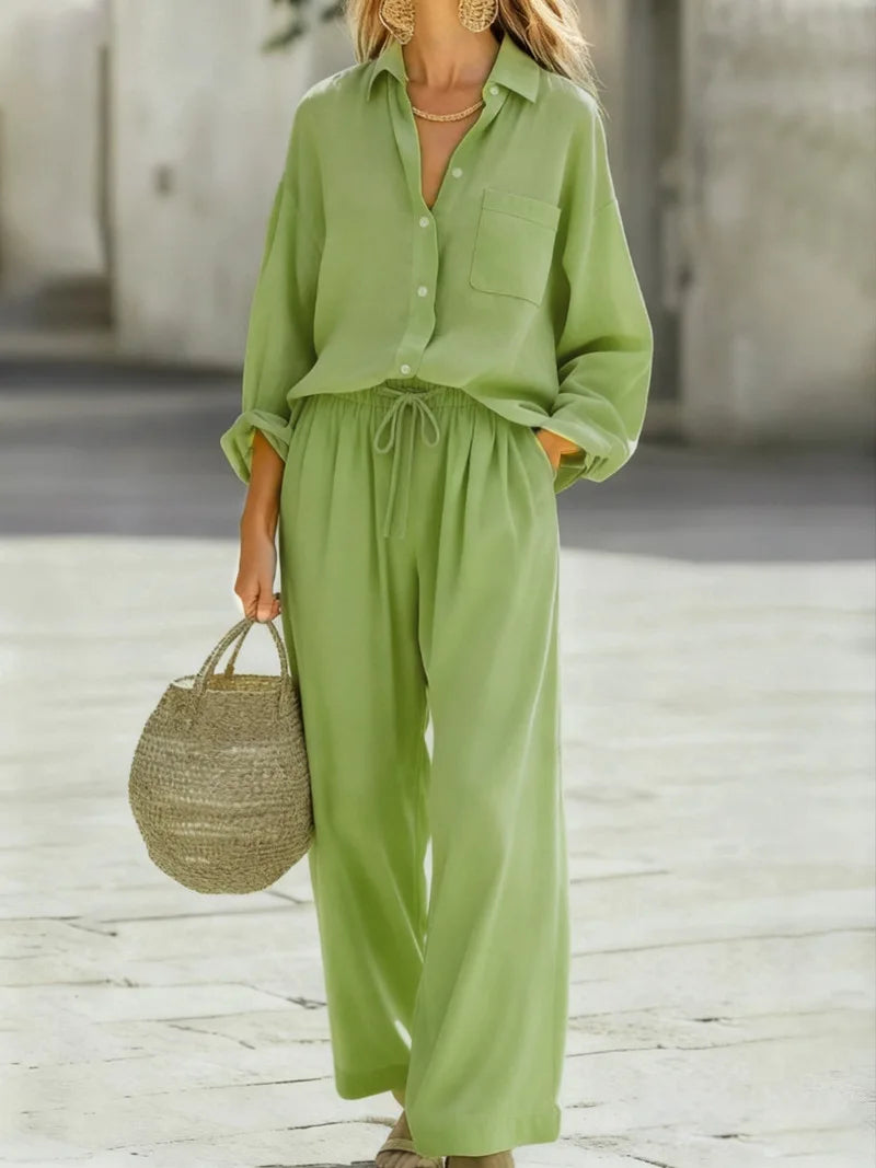 Women's Collared Shirt & Wide Leg Pant Set — Two-Piece