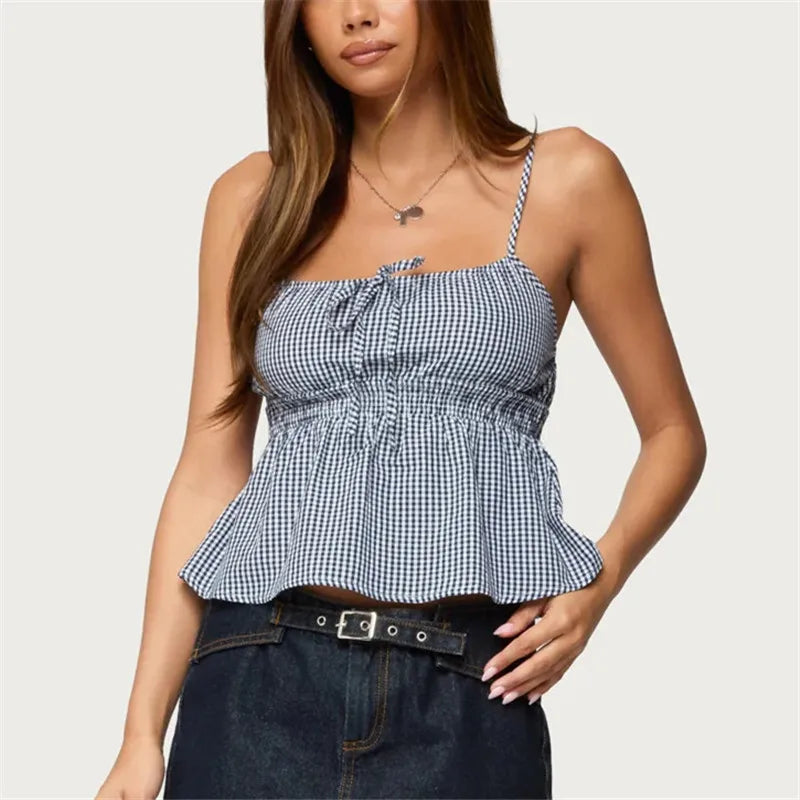 Women's Gingham Peplum Cami Top — Tie Front