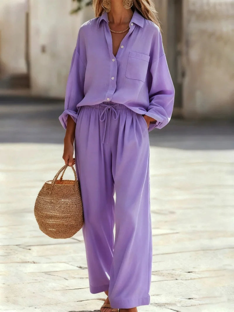 Women's Collared Shirt & Wide Leg Pant Set — Two-Piece