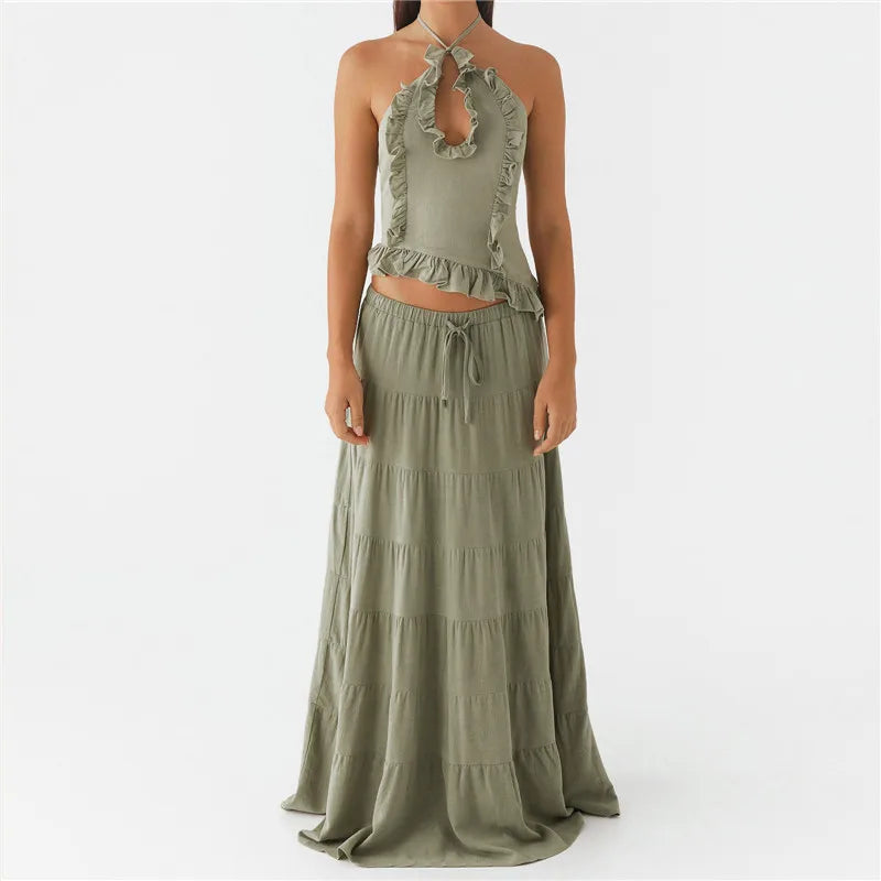 Women's Ruffle Halter Top & Maxi Skirt Set — Tie Back