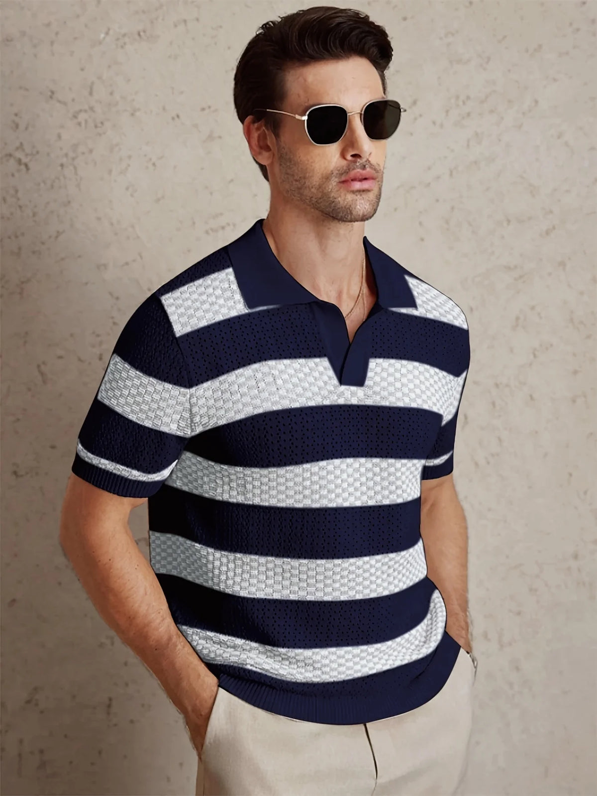 Men's Striped Knit Polo — Contrast Collar