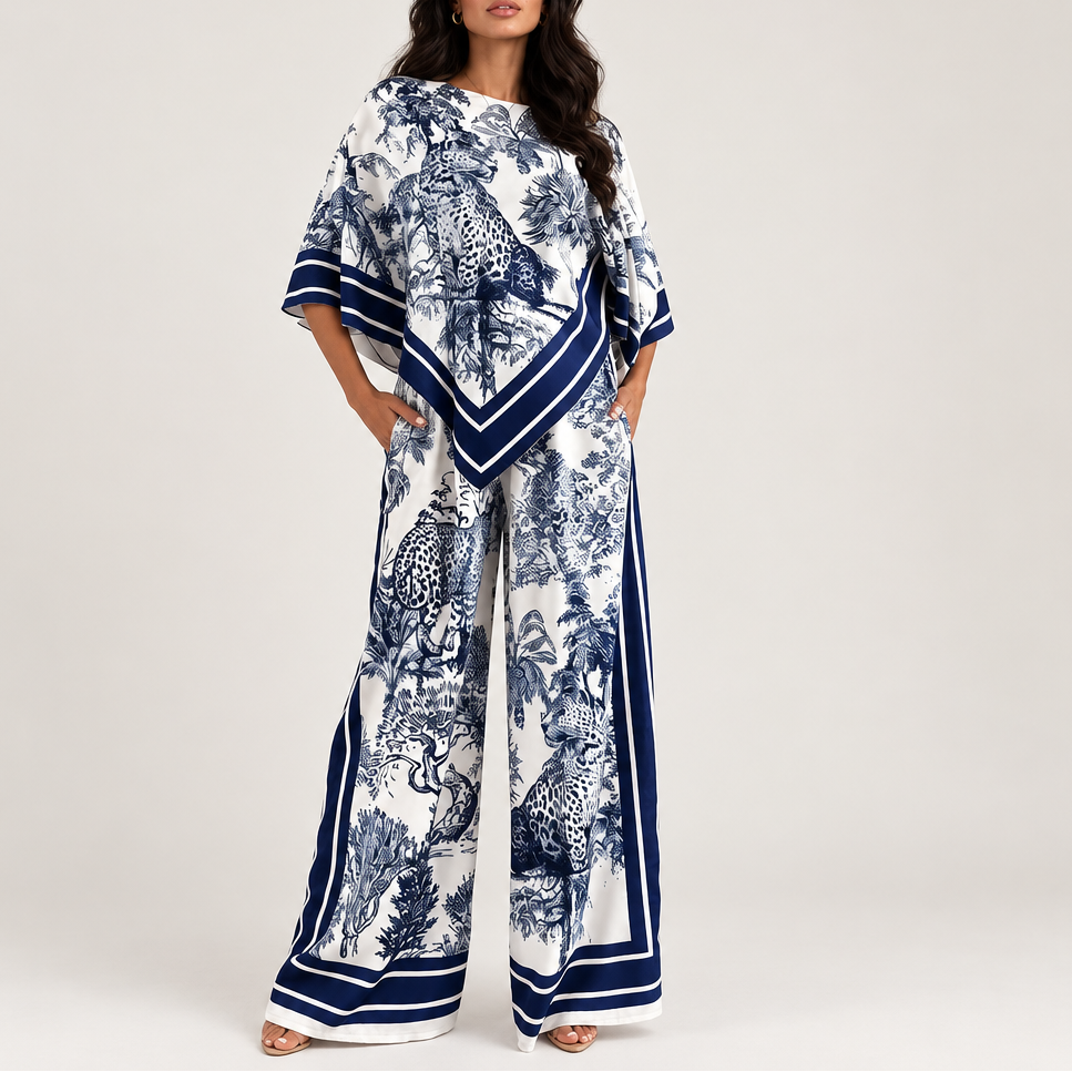 Women's Printed Shirt & Wide Leg Pant Set — 3/4 Sleeve
