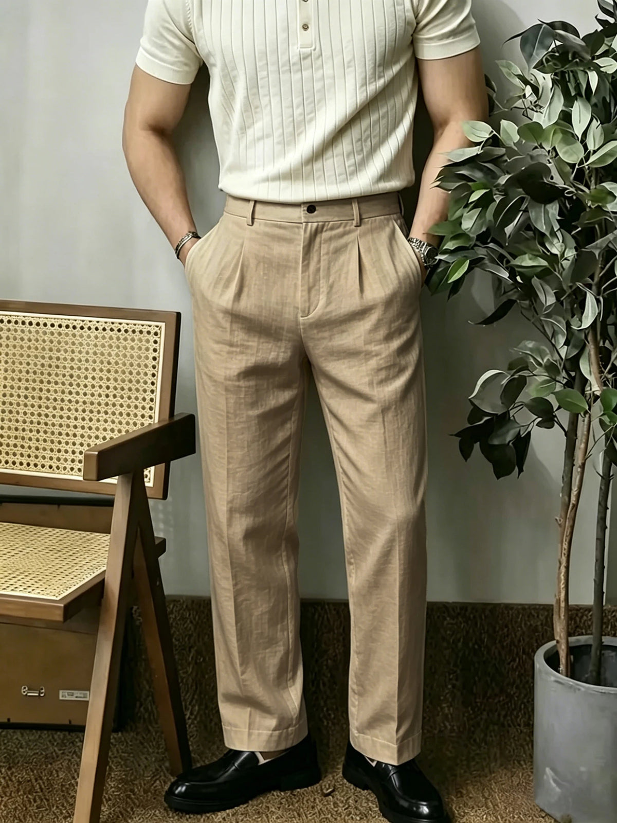 Men's Draped Linen Trousers — Straight Leg