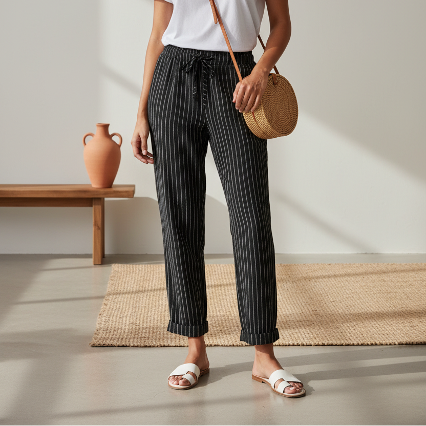 Women's Striped Drawstring Trousers — Loose Fit
