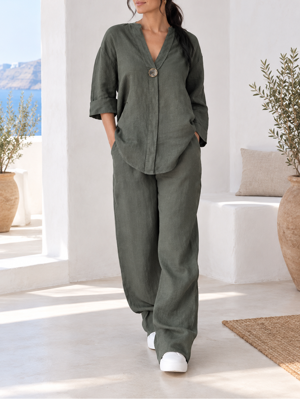 Women's Linen Blouse & Wide Leg Pant Set
