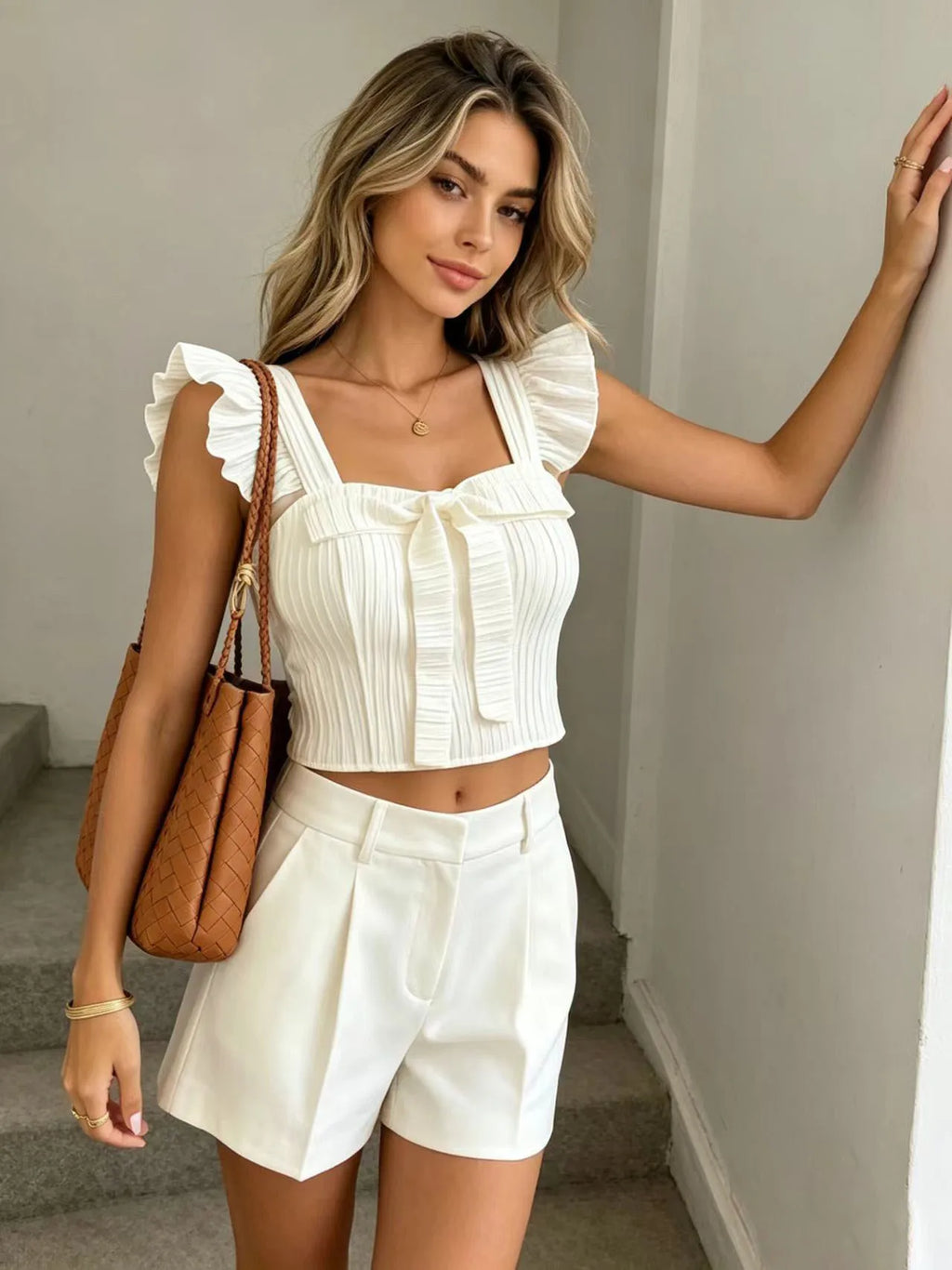 Women's Pleated Ruffle Cami Top — Square Neck