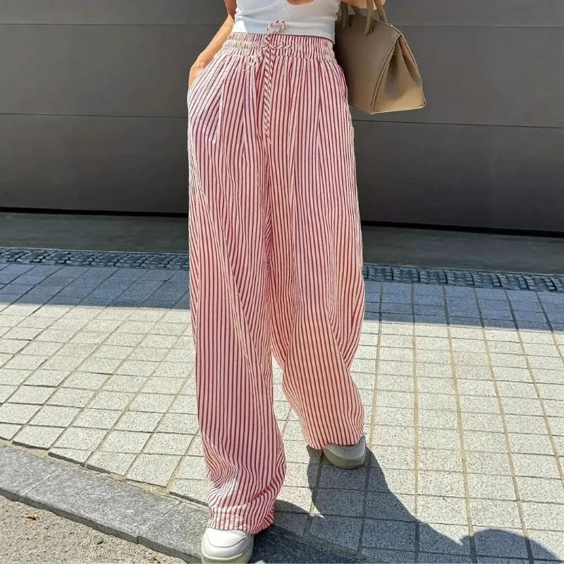 Women's Striped Straight Leg Trousers — High Waist