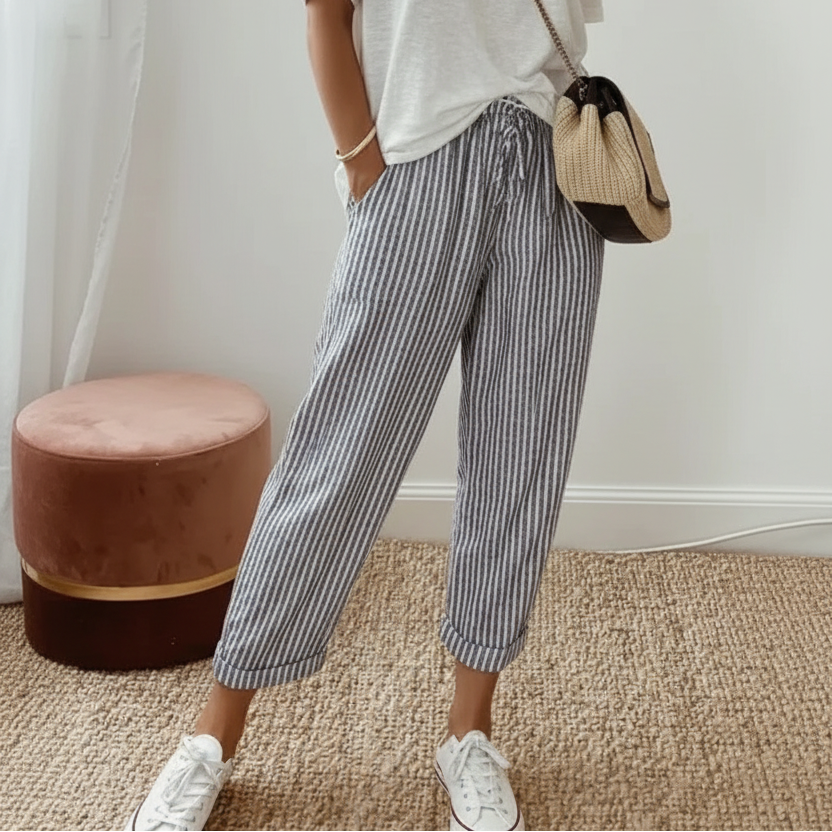 Women's Striped Drawstring Trousers — Loose Fit