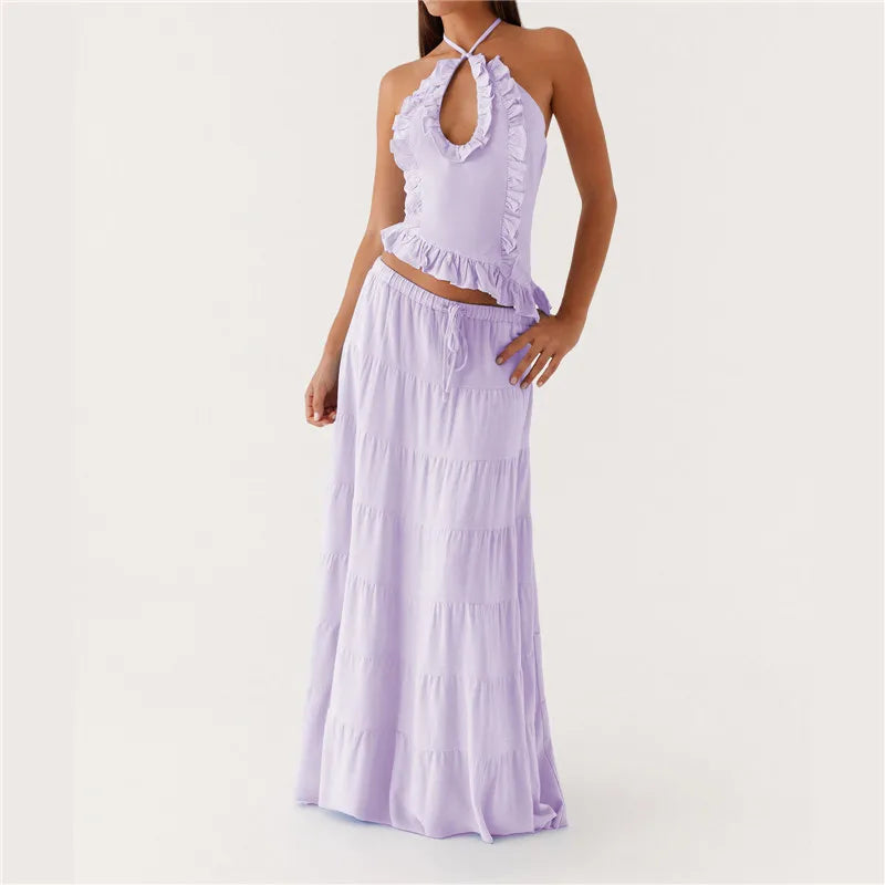 Women's Ruffle Halter Top & Maxi Skirt Set — Tie Back