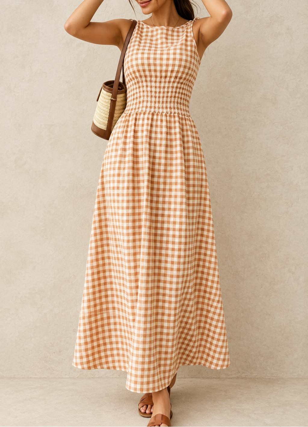 Women's Gingham Maxi Dress — Drawstring Waist