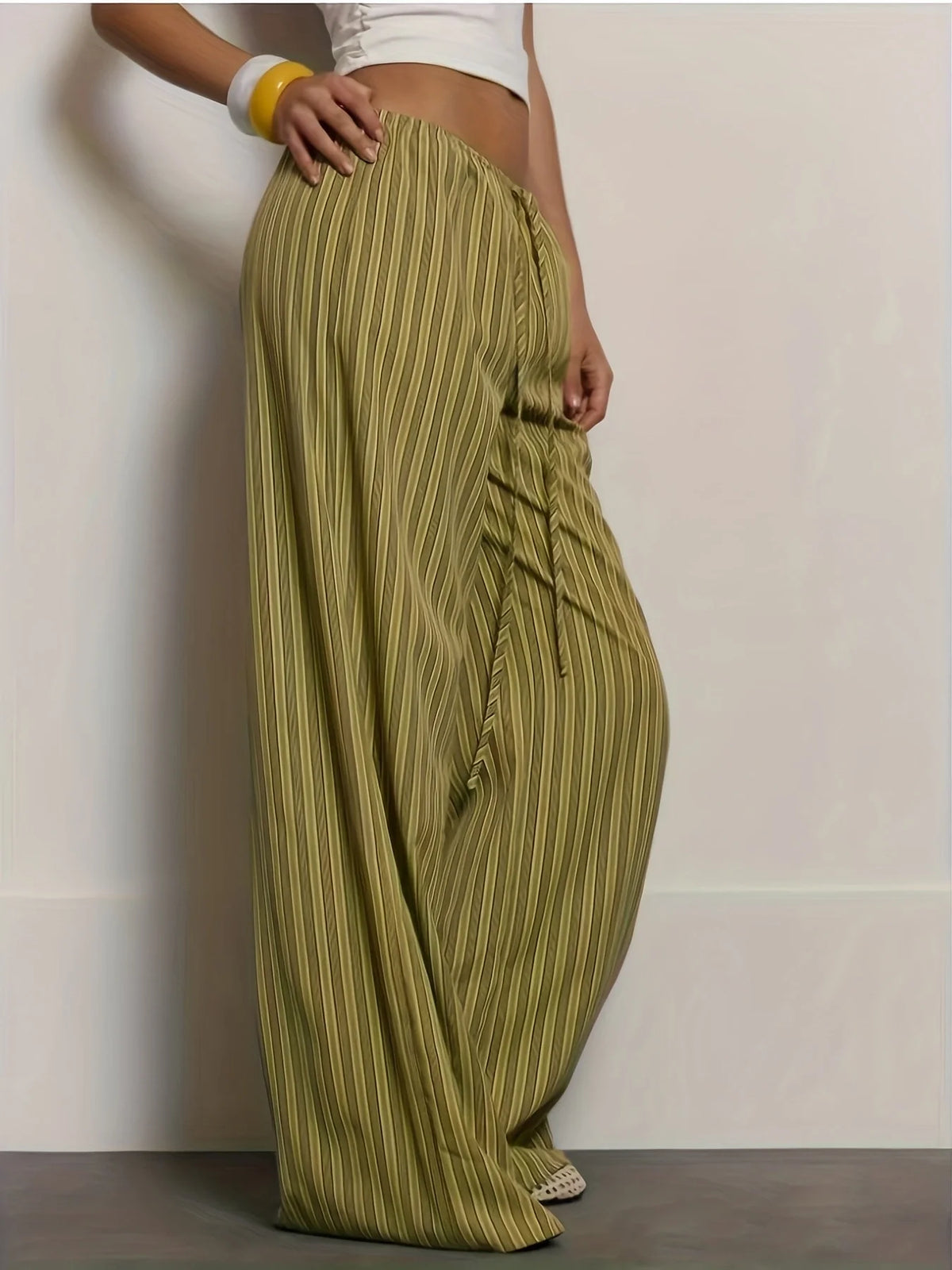 Women's Olive Striped Wide Leg Pants — Drawstring