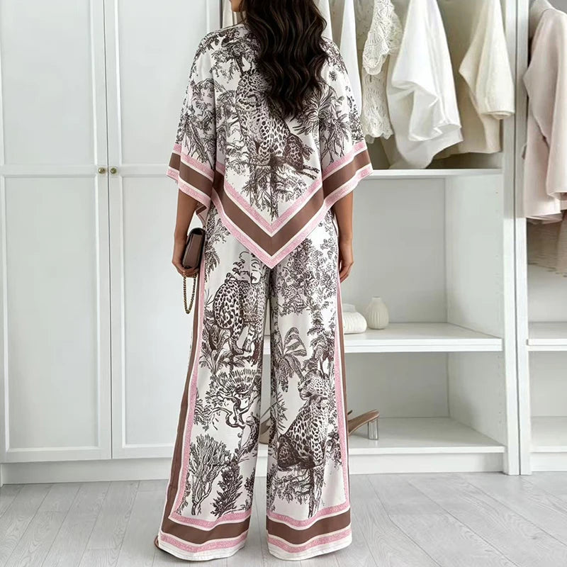 Women's Printed Shirt & Wide Leg Pant Set — 3/4 Sleeve
