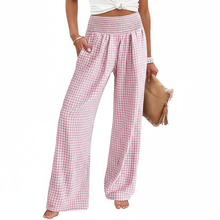 Women's Gingham Wide Leg Pants — Relaxed Fit