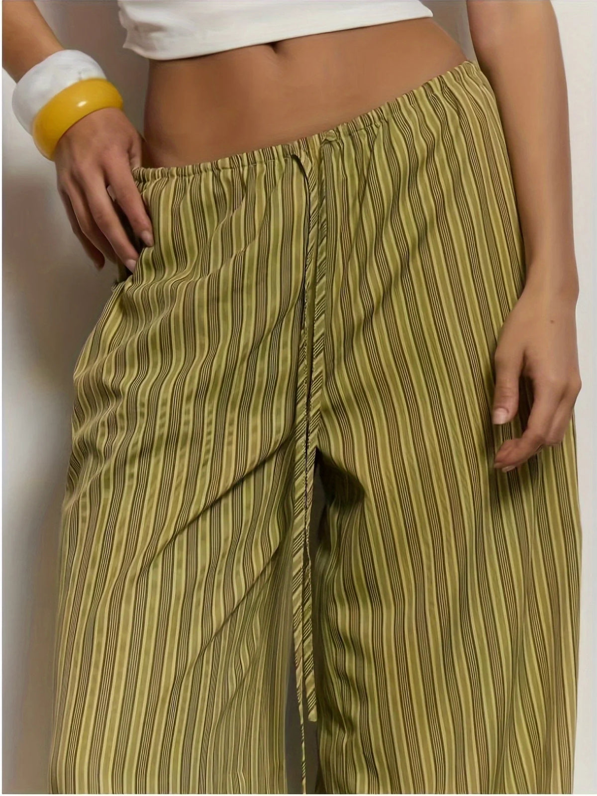 Women's Olive Striped Wide Leg Pants — Drawstring