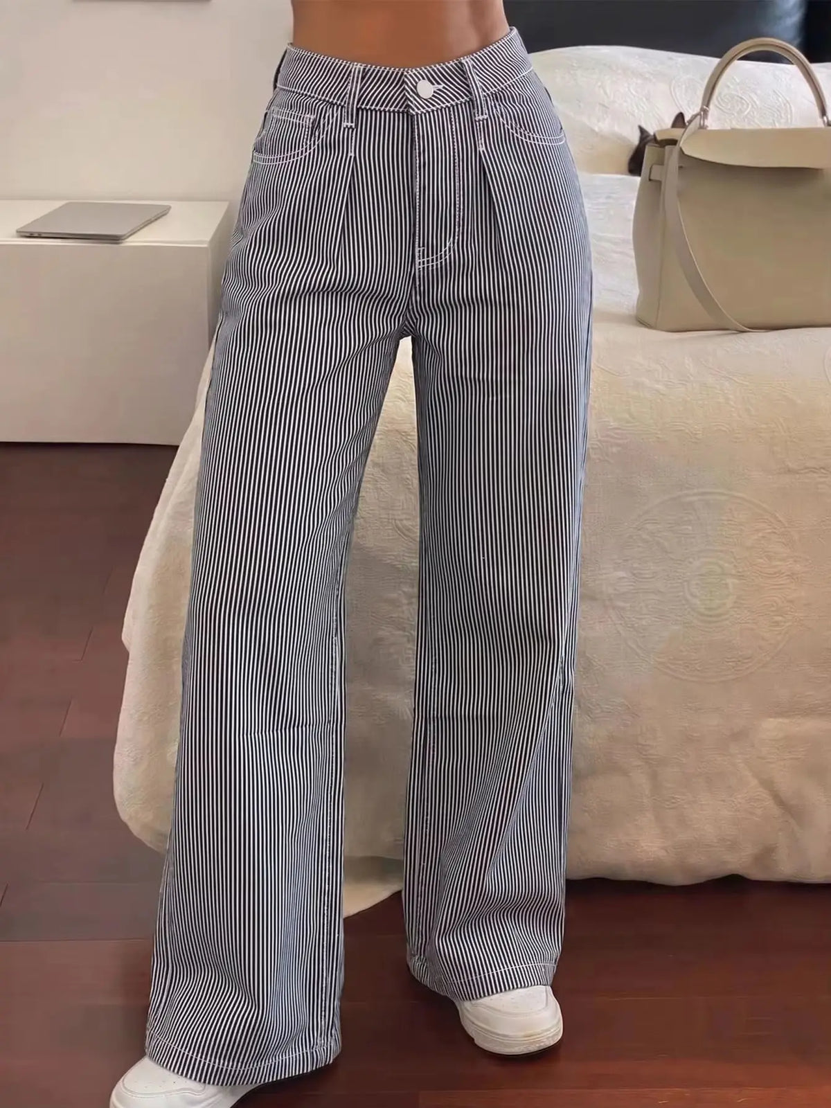 Women's Striped Wide Leg Trousers — Side Pockets