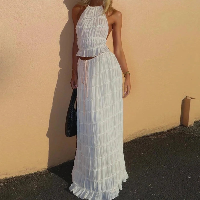 Women's Ruched Halter Top & Maxi Skirt Set — Backless