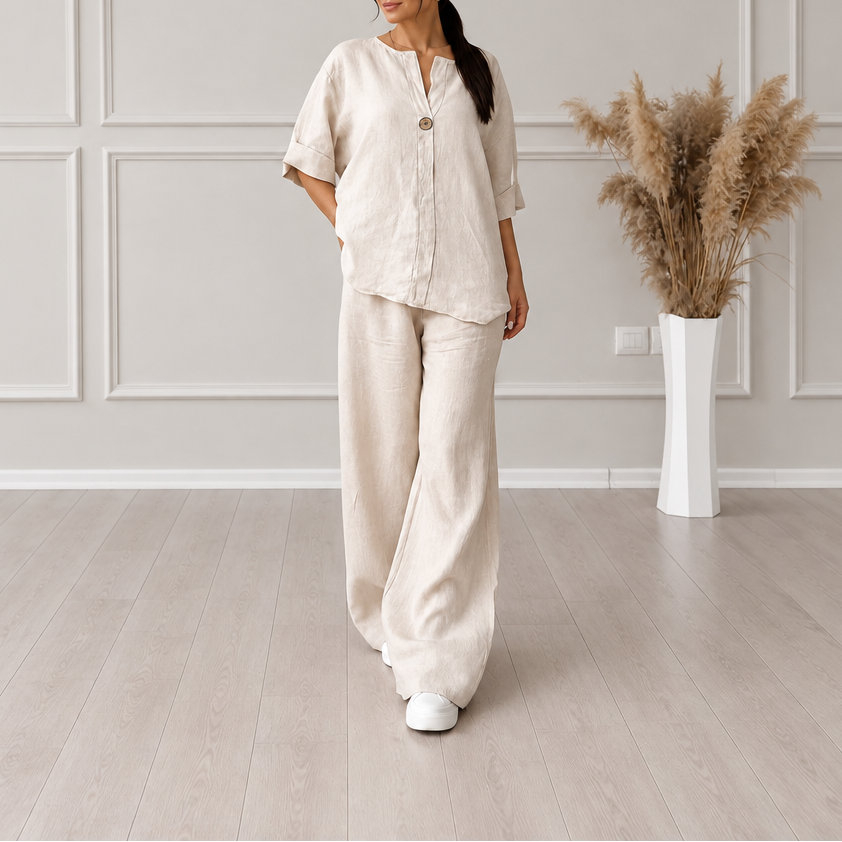 Women's Linen Blouse & Wide Leg Pant Set