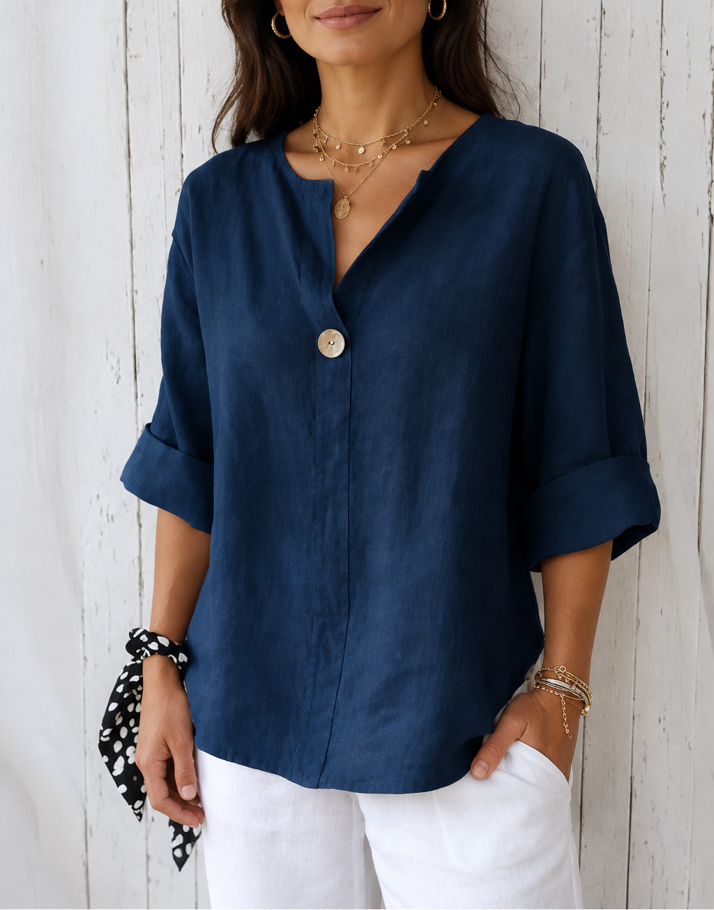 Women's Linen V-Neck Button Blouse — 3/4 Sleeve