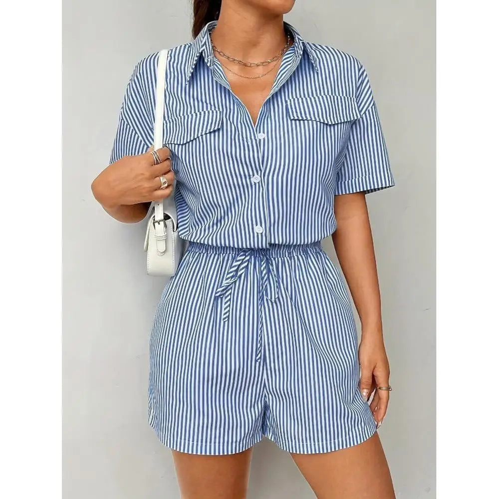 Women's Striped V-Neck Jumpsuit — Tie Waist