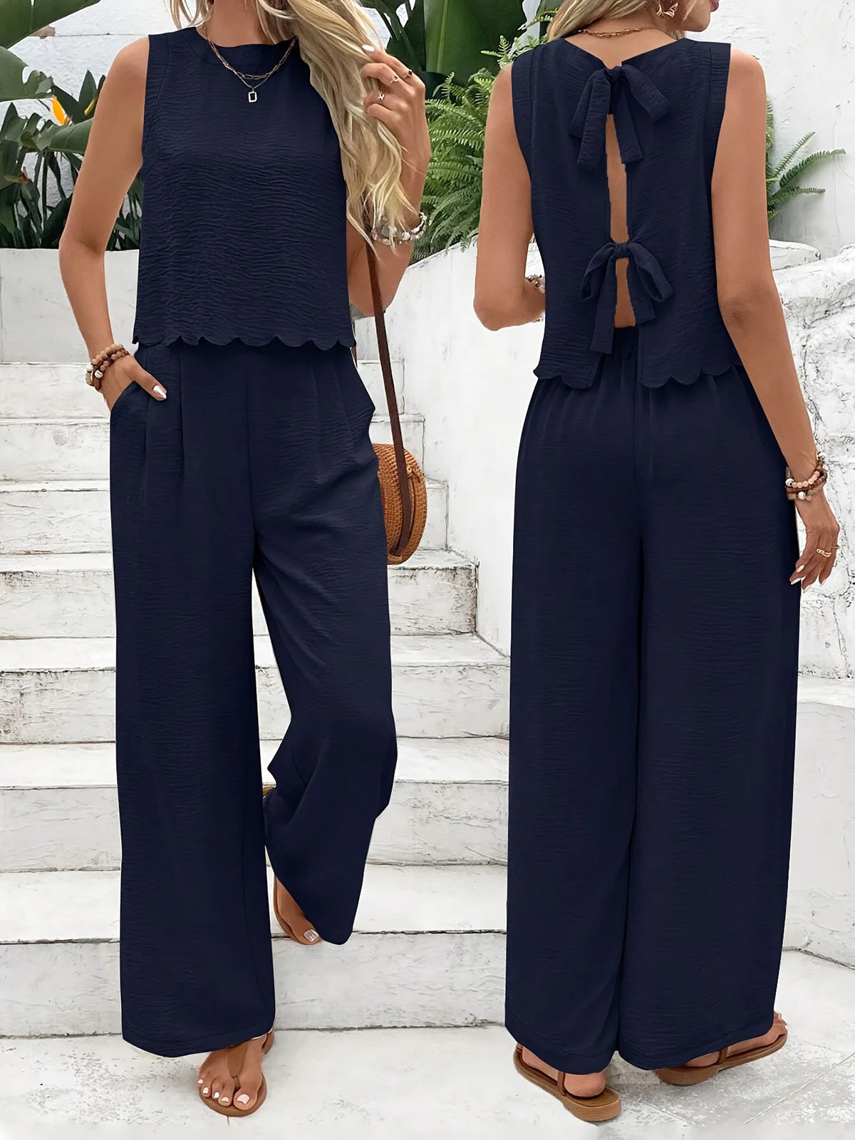 Women's Lace-Up Tank & Wide Leg Pant Set — Two-Piece