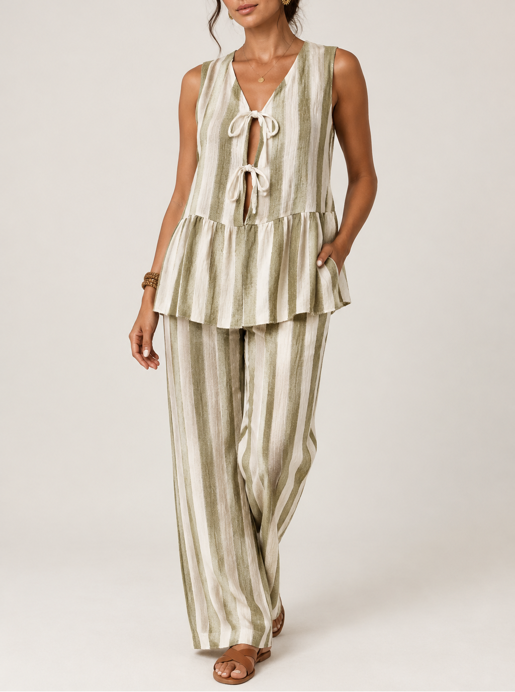 Women's Linen Striped Vest & Wide Leg Trouser Set — Two-Piece