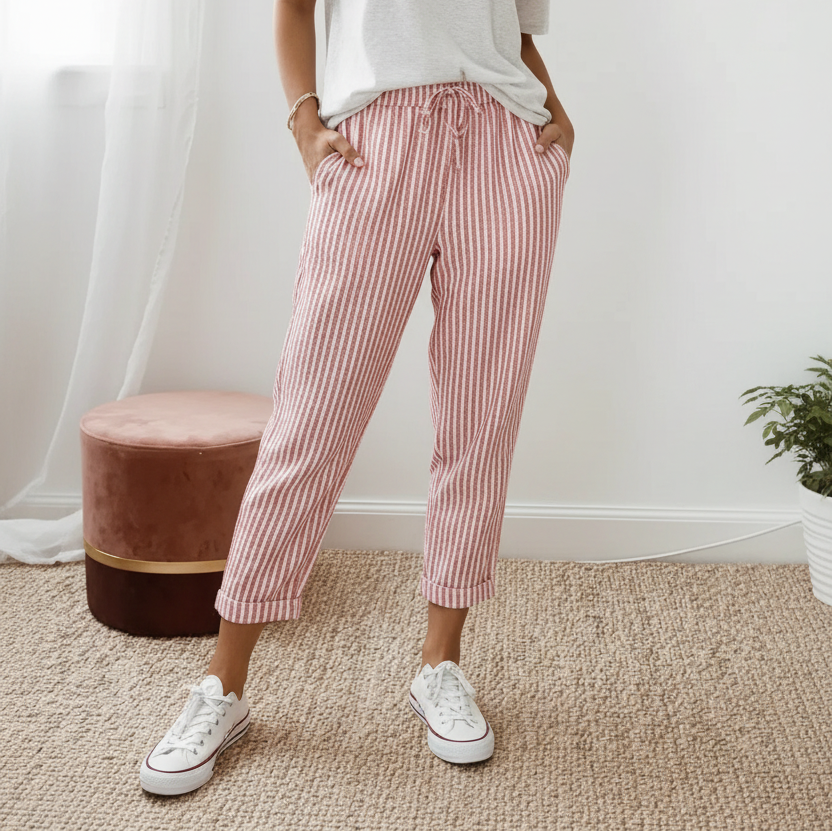 Women's Striped Drawstring Trousers — Loose Fit