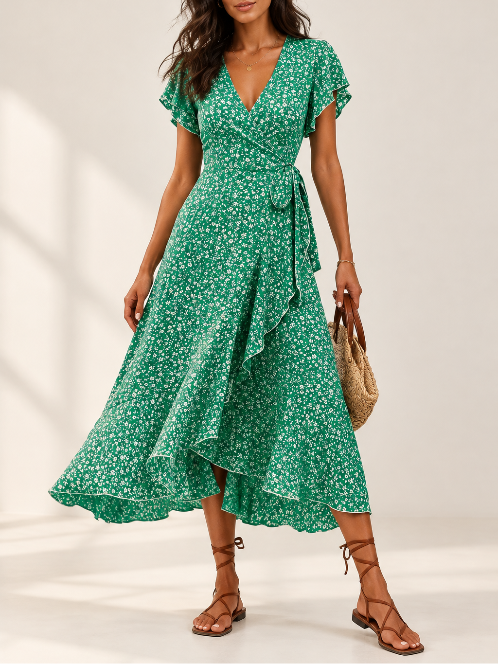 Women's Floral Ruffle Wrap Dress — Tie Side