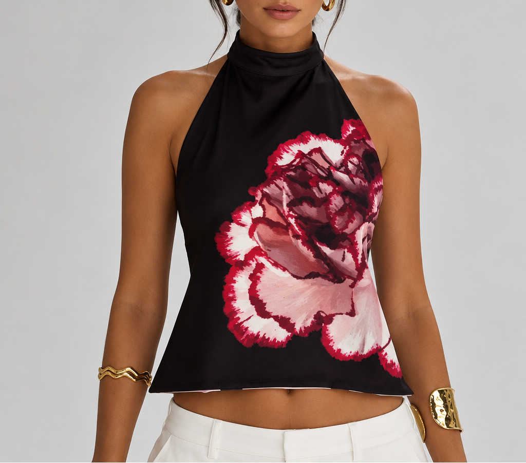 Women's Printed Halter Crop Top — Button Front