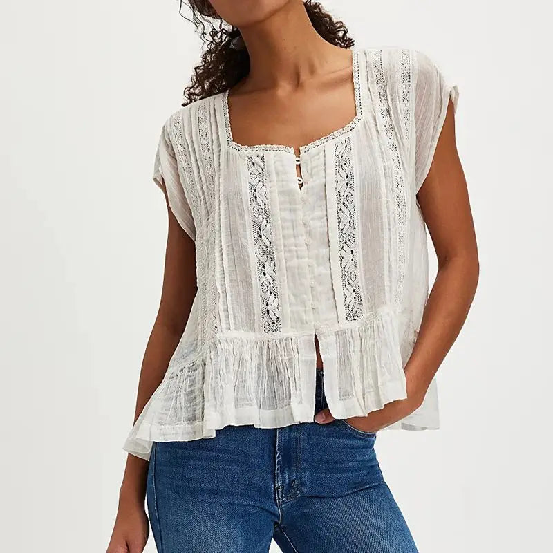 Women's Lace Panel Blouse — Square Neck Button