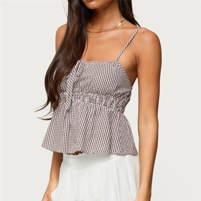 Women's Gingham Peplum Cami Top — Tie Front