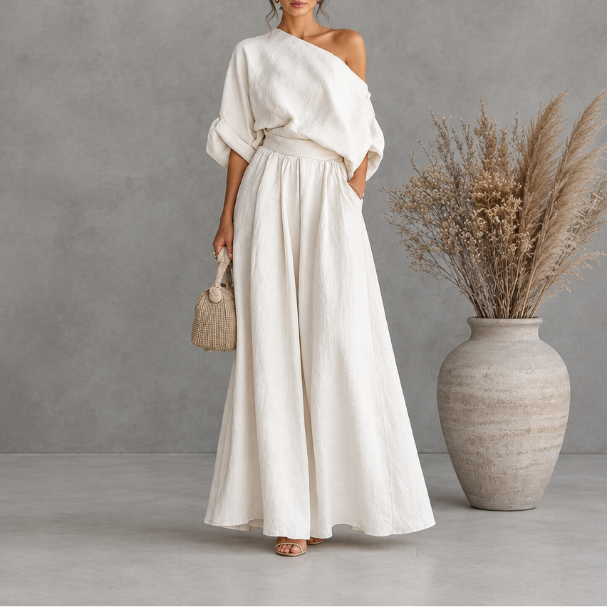 Women's Skew Neck Top & Wide Leg Pant Set